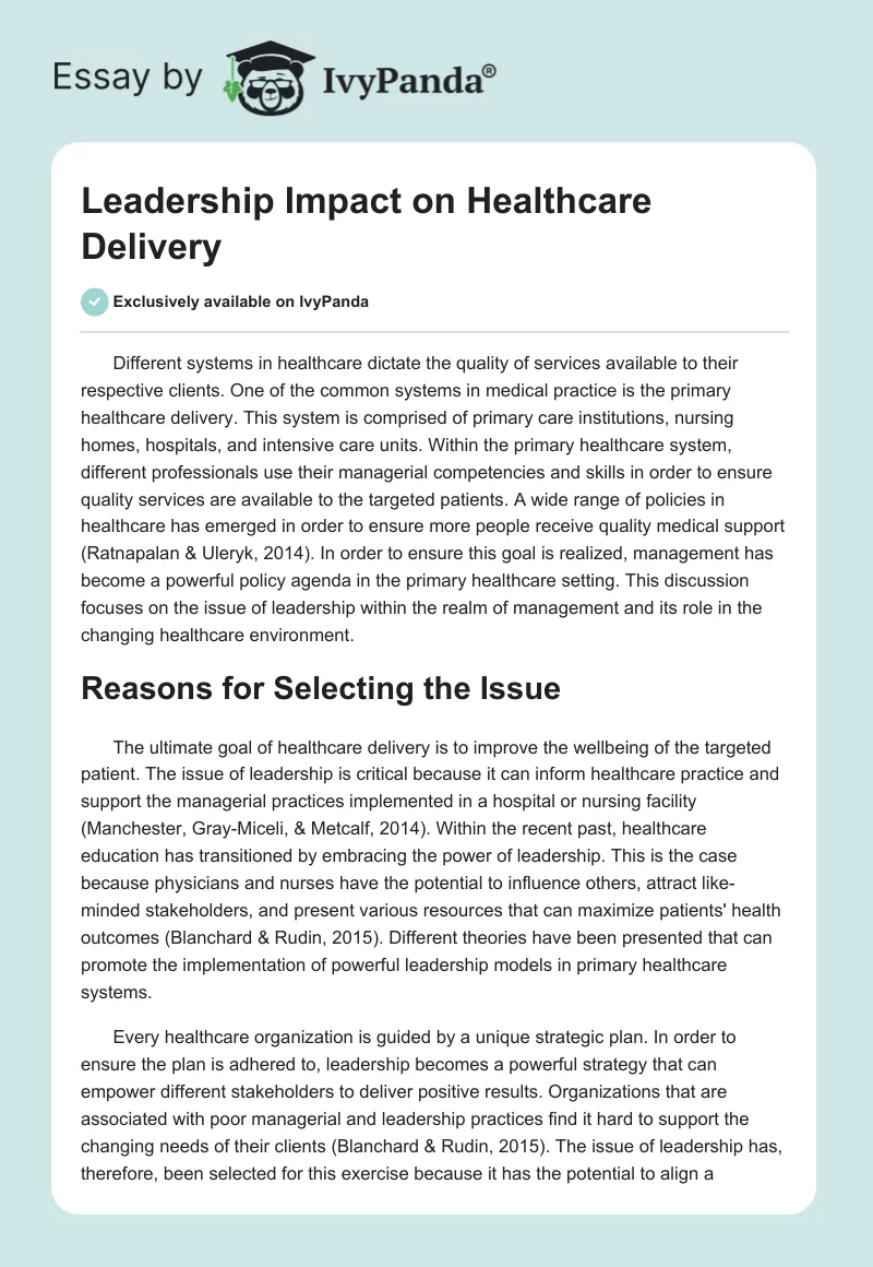 Leadership Impact on Healthcare Delivery. Page 1