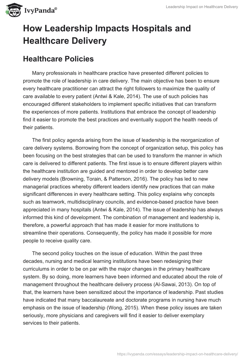 Leadership Impact on Healthcare Delivery. Page 3