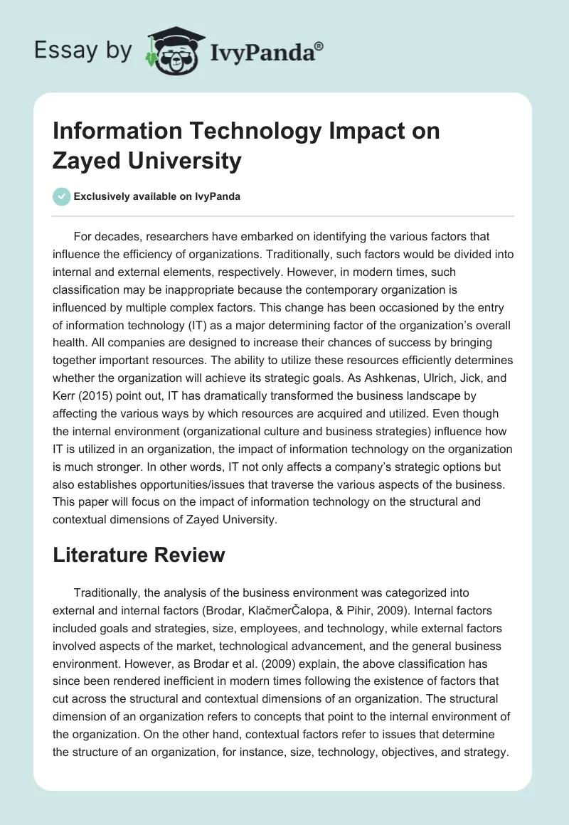 Information Technology Impact on Zayed University. Page 1