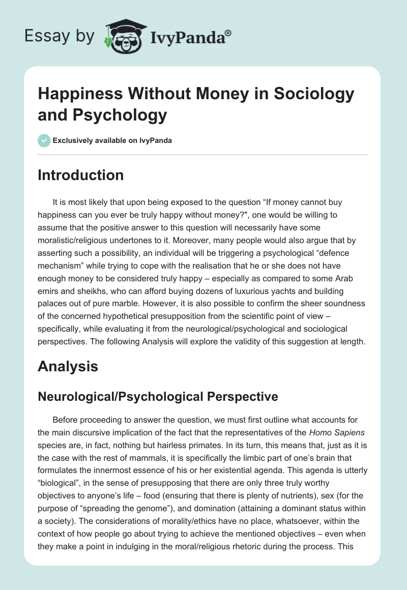 Happiness Without Money in Sociology and Psychology. Page 1