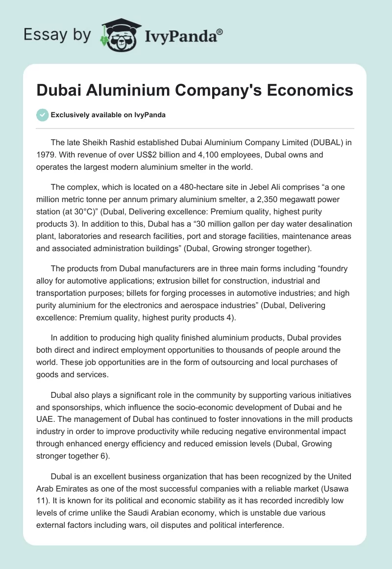 Dubai Aluminium Company's Economics. Page 1