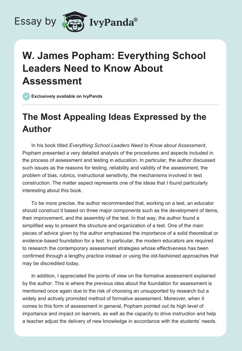 W. James Popham: Everything School Leaders Need to Know About Assessment. Page 1