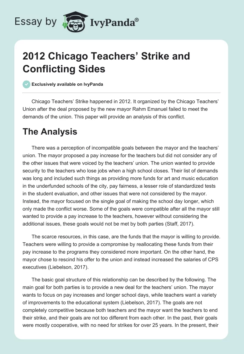 2012 Chicago Teachers’ Strike and Conflicting Sides. Page 1