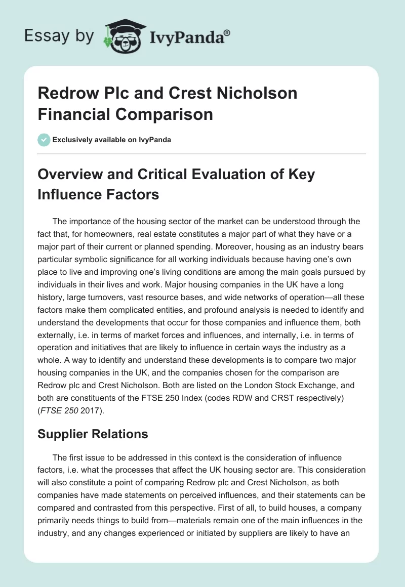 Redrow Plc and Crest Nicholson Financial Comparison. Page 1