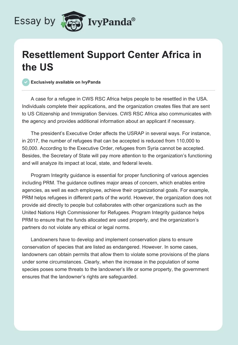 Resettlement Support Center Africa in the US. Page 1