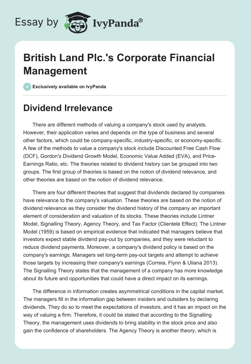 British Land Plc.'s Corporate Financial Management. Page 1