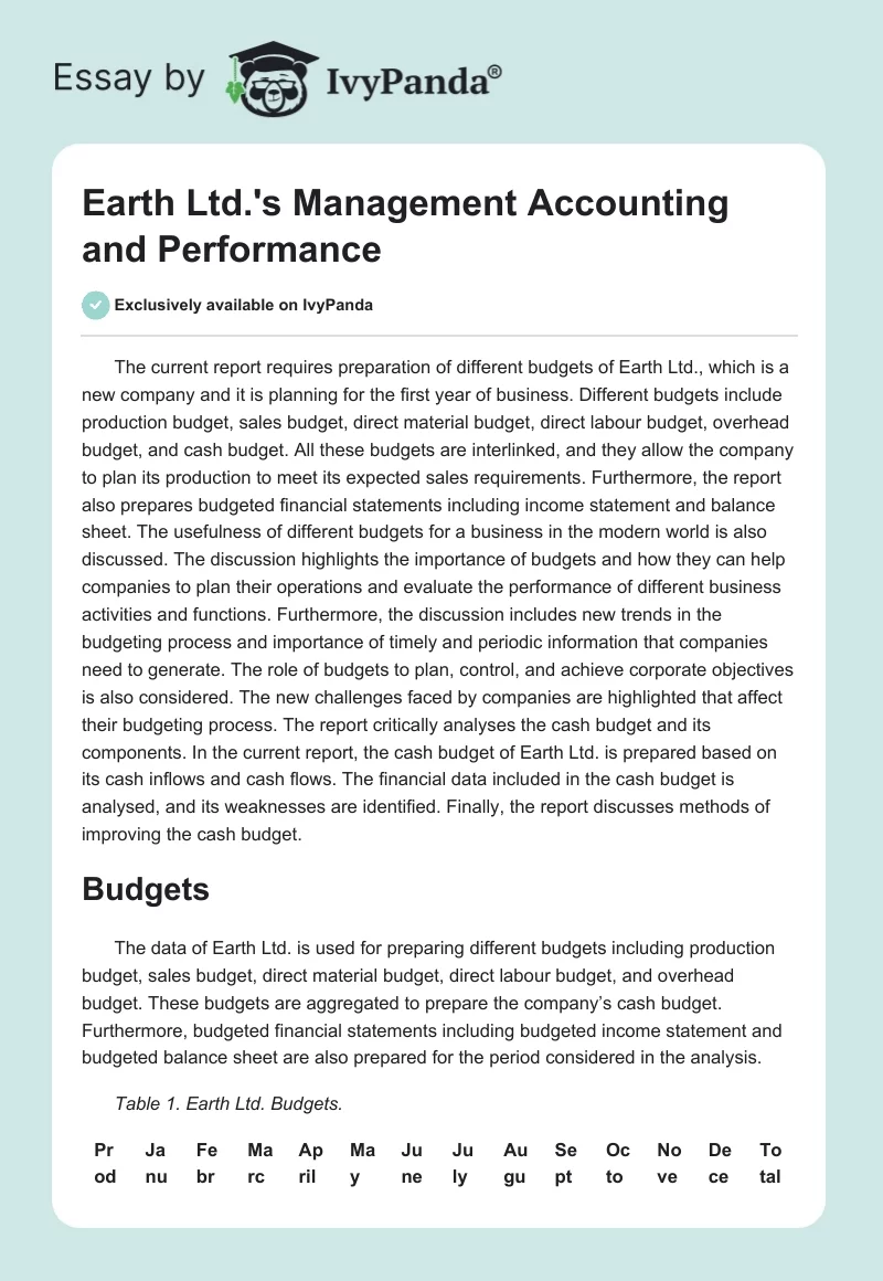 Earth Ltd.'s Management Accounting and Performance. Page 1
