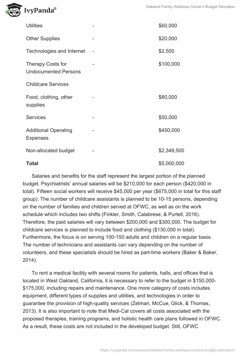 Oakland Family Wellness Center's Budget Allocation. Page 2