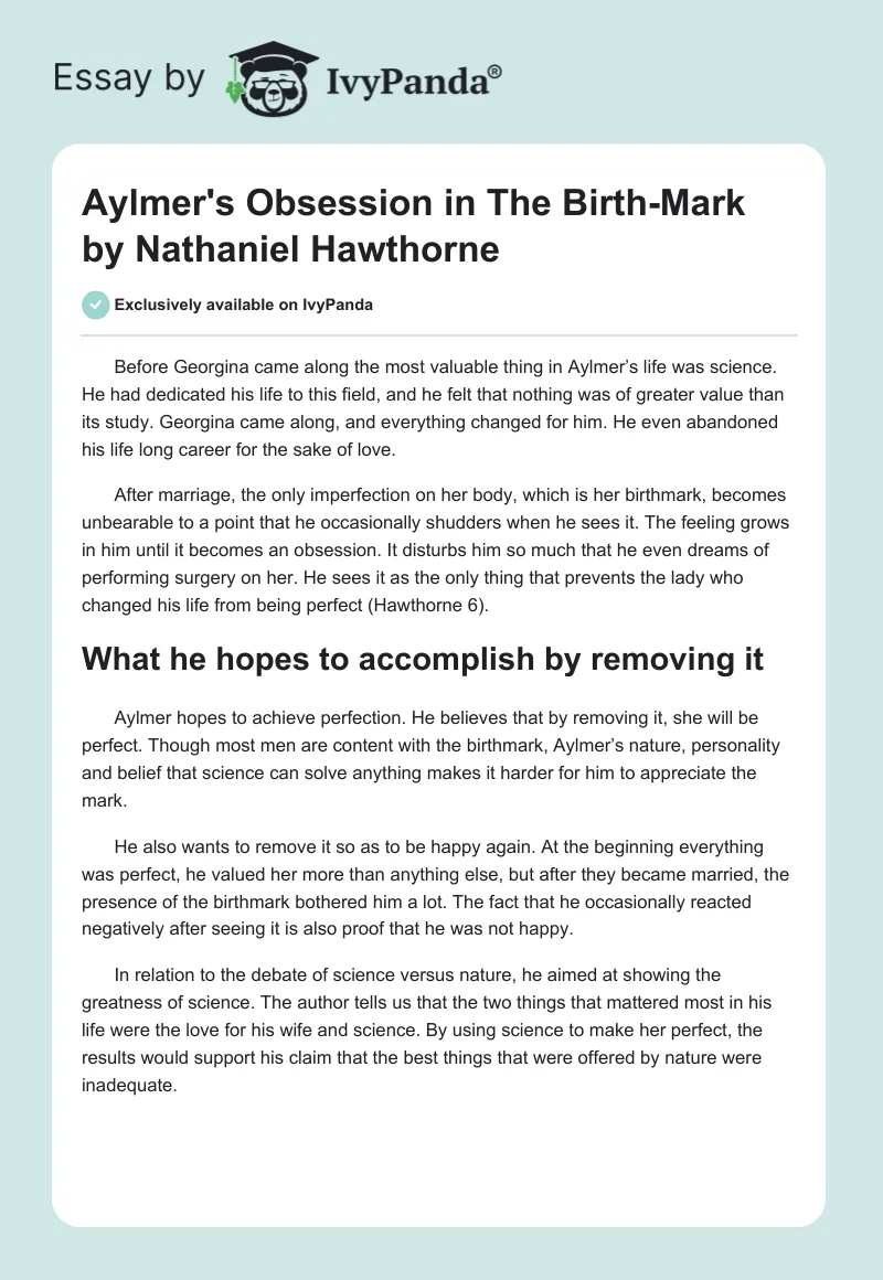 Aylmer's Obsession in "The Birth-Mark" by Nathaniel Hawthorne. Page 1