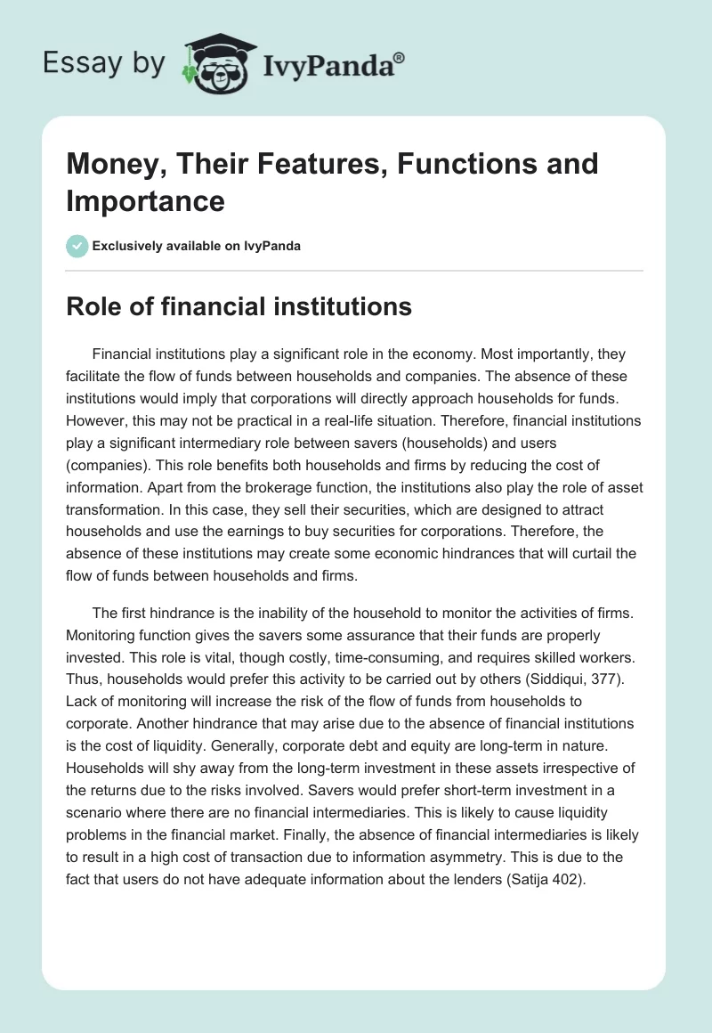 Money, Their Features, Functions and Importance. Page 1