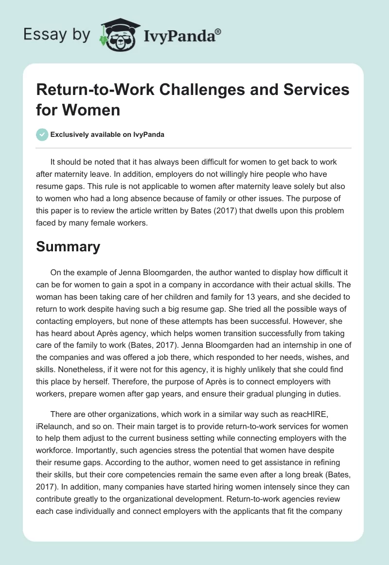 Return-to-Work Challenges and Services for Women. Page 1