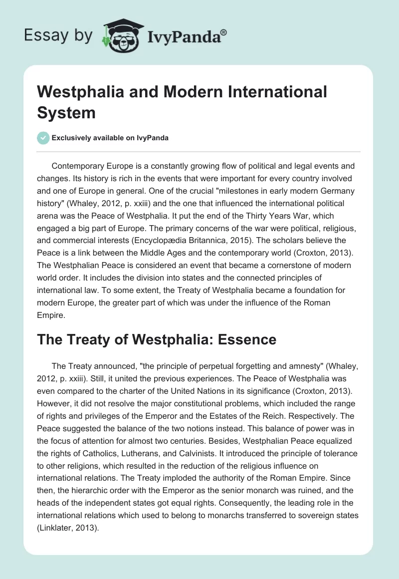 Westphalia and Modern International System. Page 1