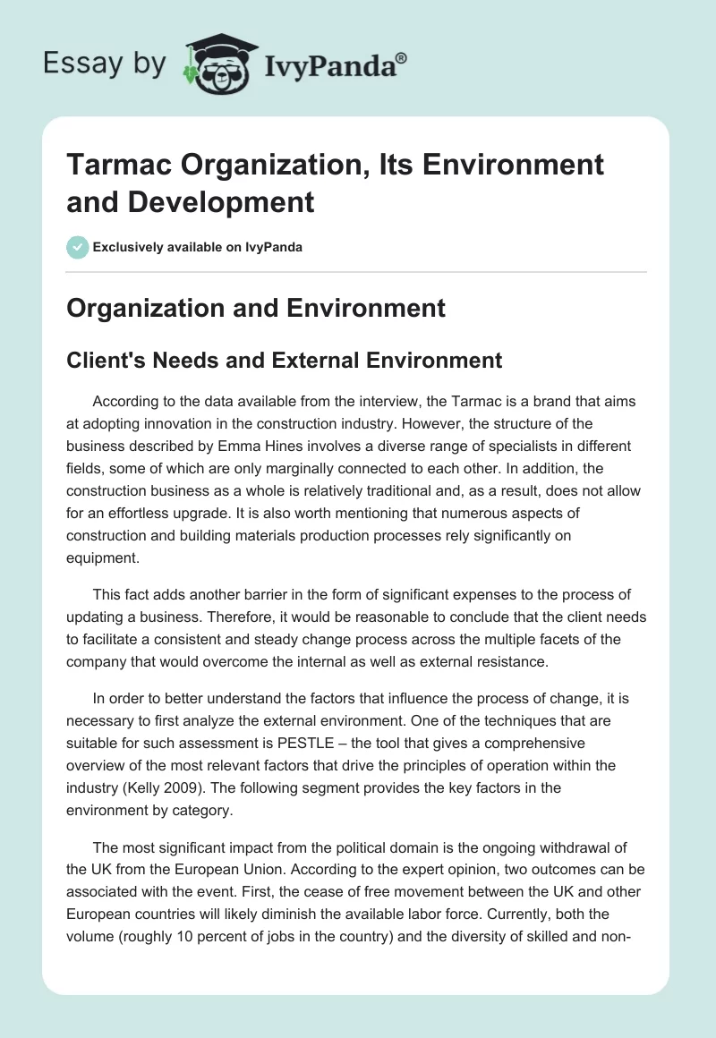 Tarmac Organization, Its Environment and Development. Page 1