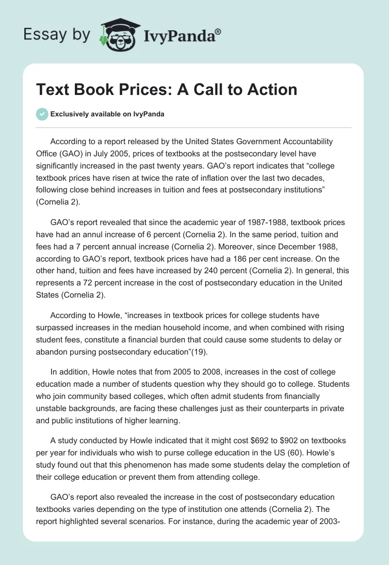 Text Book Prices: A Call to Action. Page 1