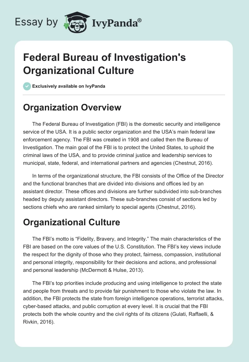 Federal Bureau of Investigation's Organizational Culture. Page 1