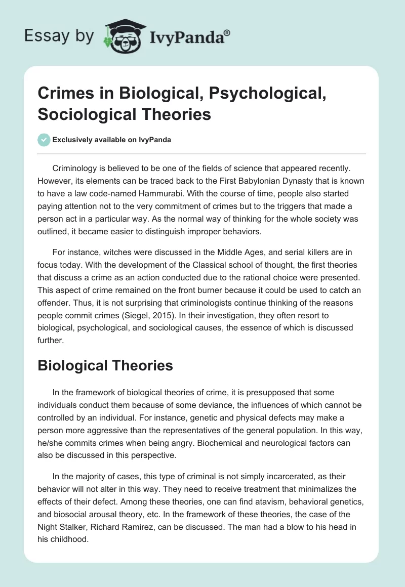 Crimes in Biological, Psychological, Sociological Theories. Page 1
