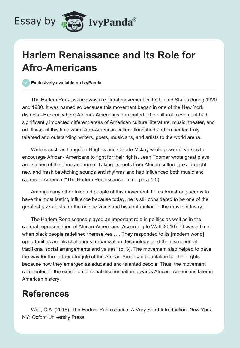 Harlem Renaissance and Its Role for Afro-Americans. Page 1