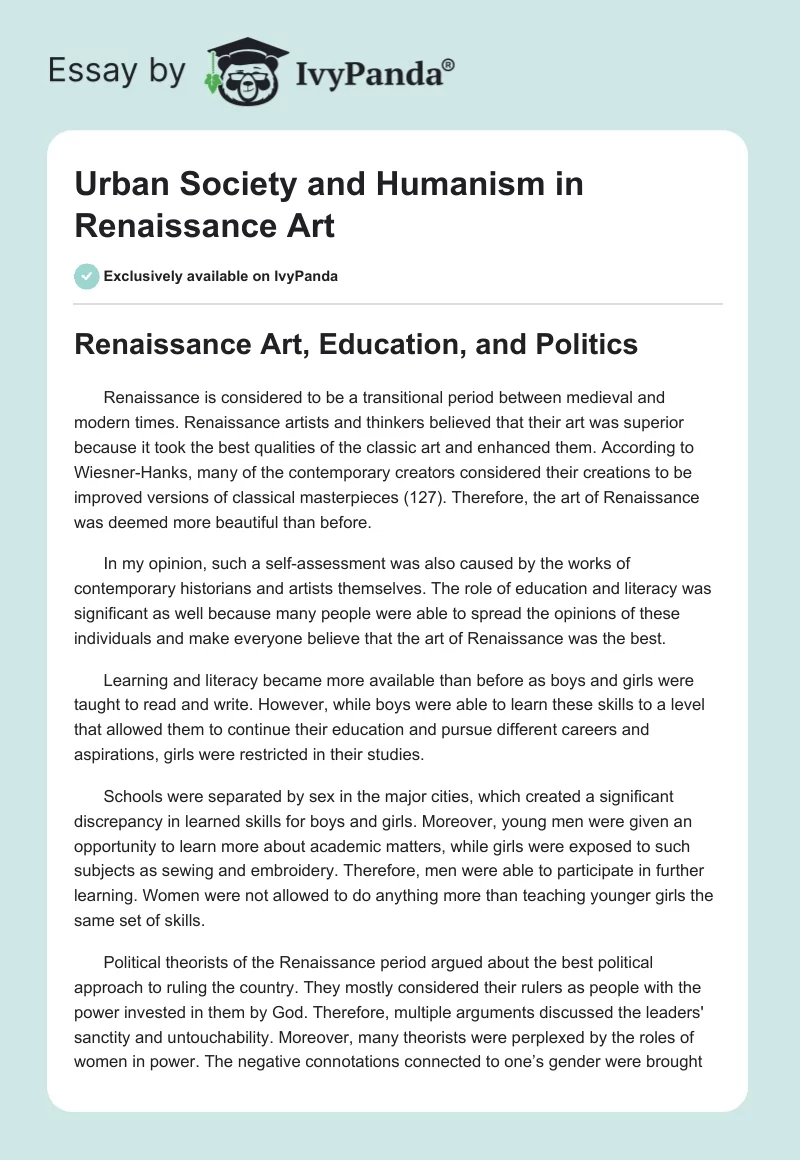 Urban Society and Humanism in Renaissance Art. Page 1