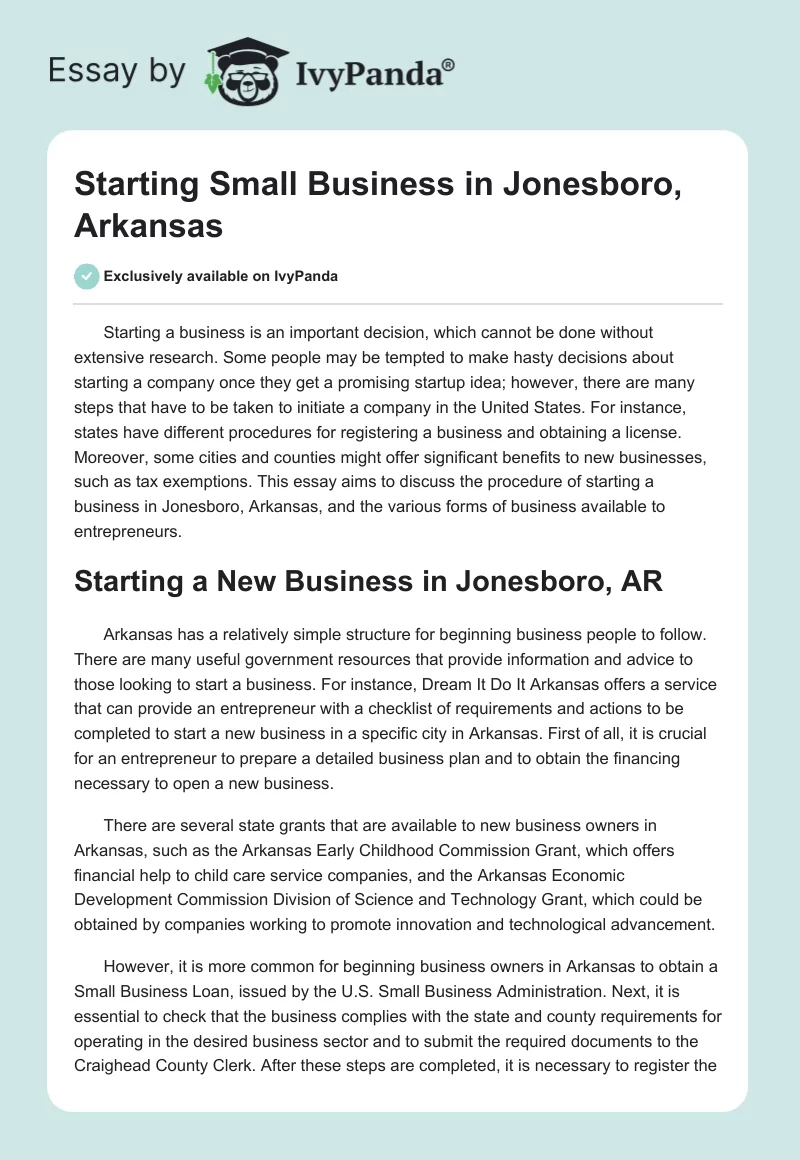 Starting Small Business in Jonesboro, Arkansas. Page 1
