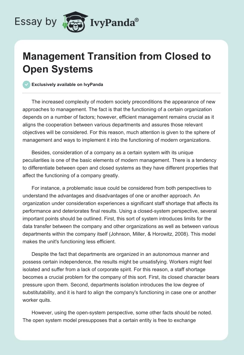 Management Transition from Closed to Open Systems. Page 1