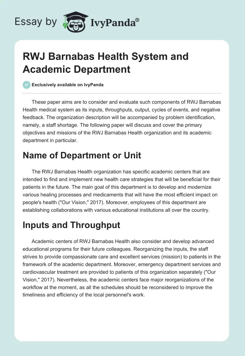 RWJ Barnabas Health System and Academic Department. Page 1
