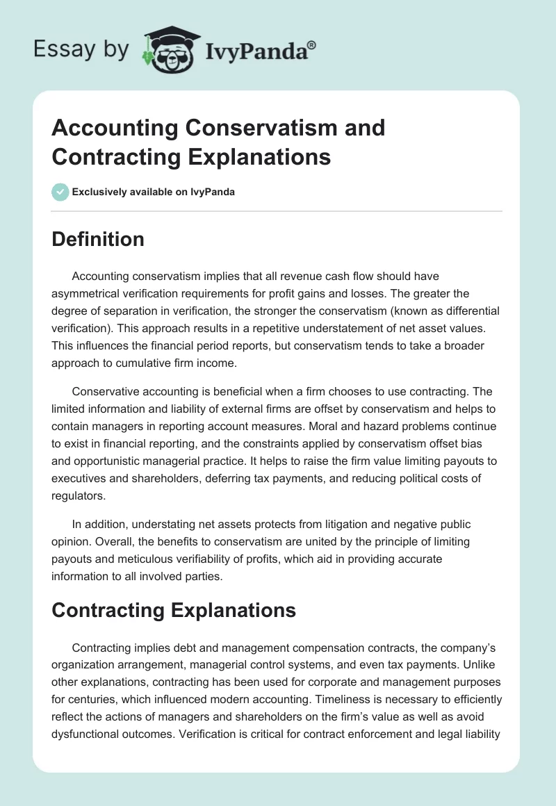 Accounting Conservatism and Contracting Explanations. Page 1