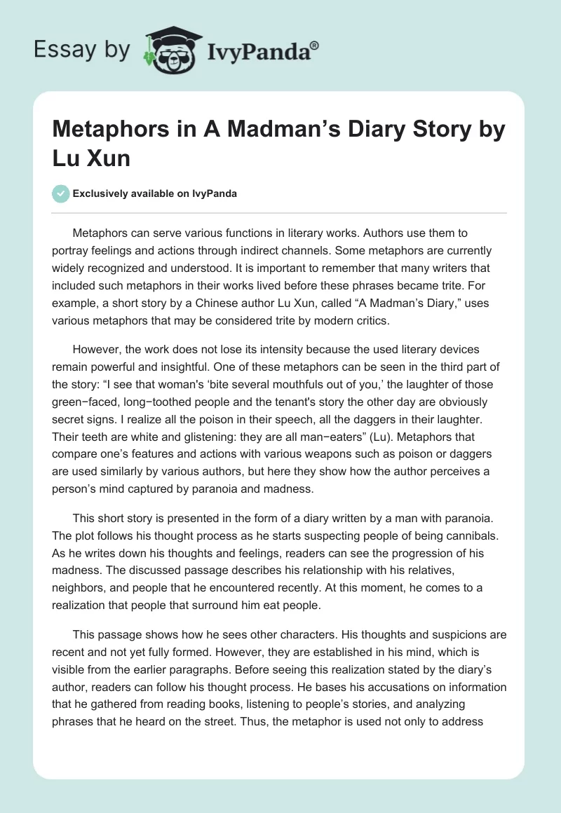 Metaphors in "A Madman’s Diary" Story by Lu Xun. Page 1
