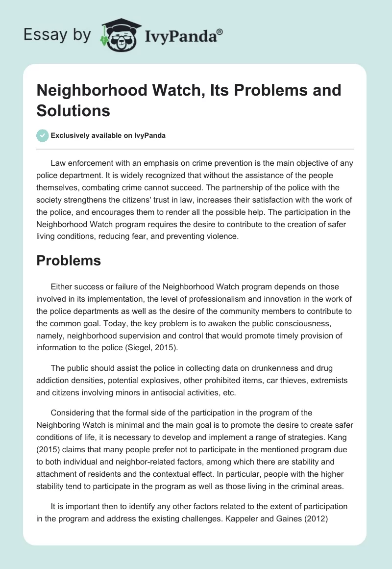 Neighborhood Watch, Its Problems and Solutions. Page 1