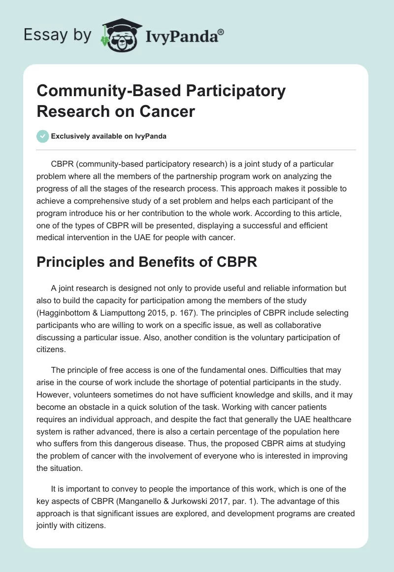 Community-Based Participatory Research on Cancer. Page 1
