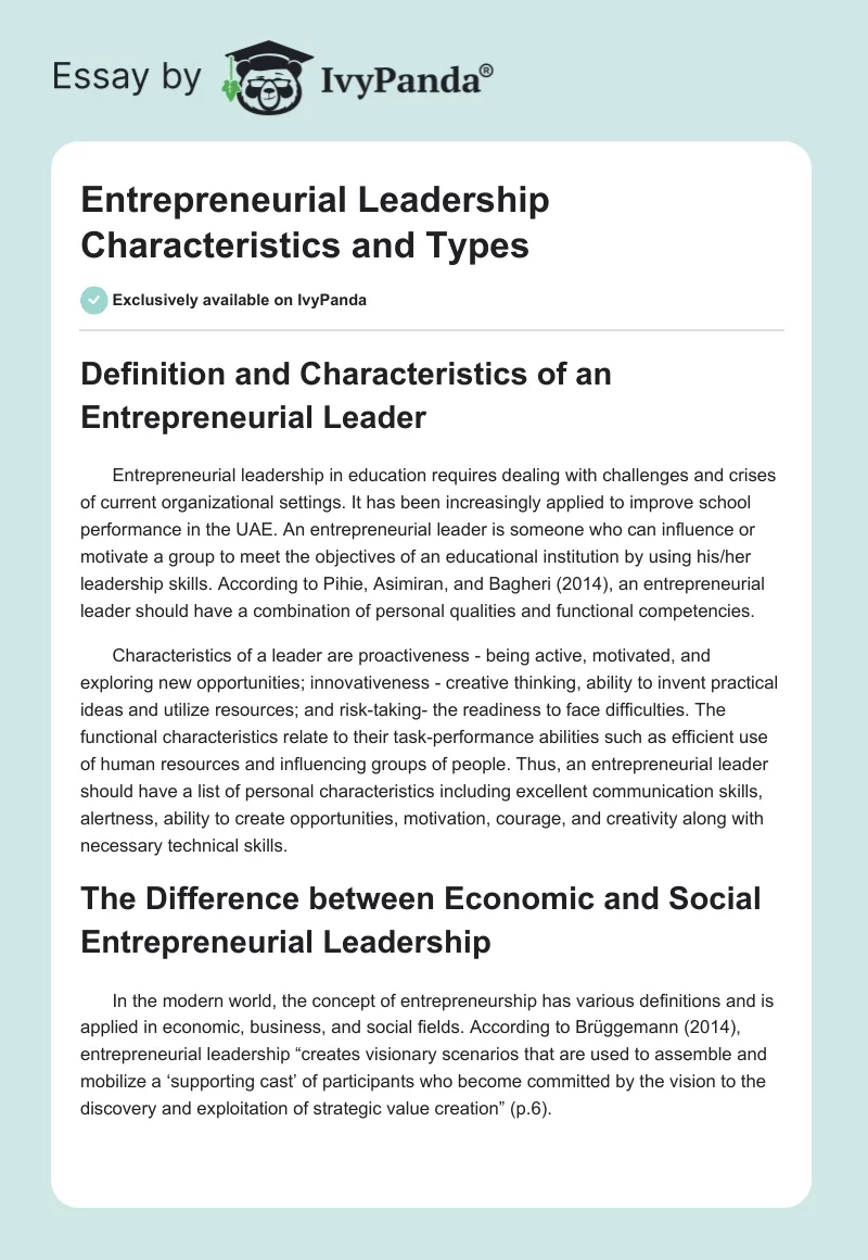 Entrepreneurial Leadership Characteristics and Types. Page 1