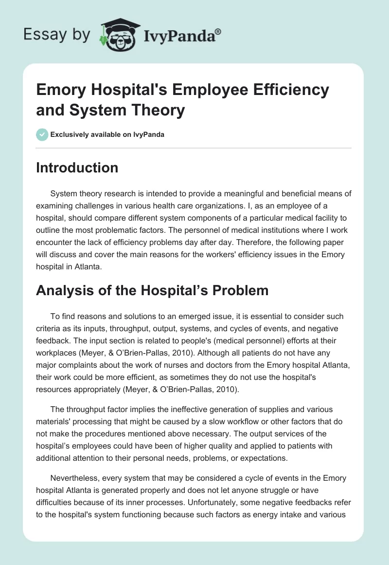 Emory Hospital's Employee Efficiency and System Theory. Page 1