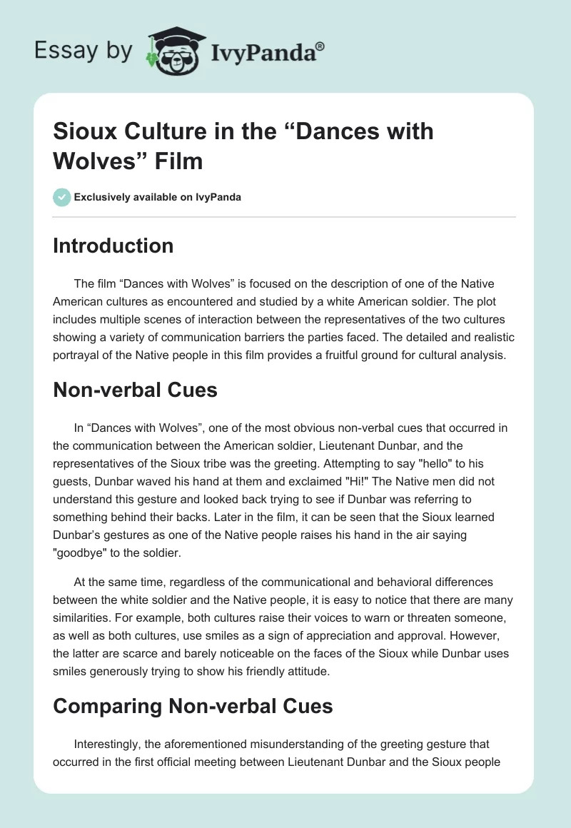 Sioux Culture in the “Dances with Wolves” Film. Page 1