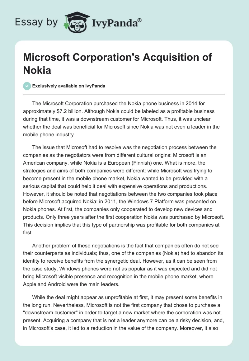 Microsoft Corporation's Acquisition of Nokia. Page 1