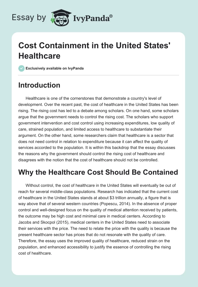 Cost Containment in the United States' Healthcare. Page 1