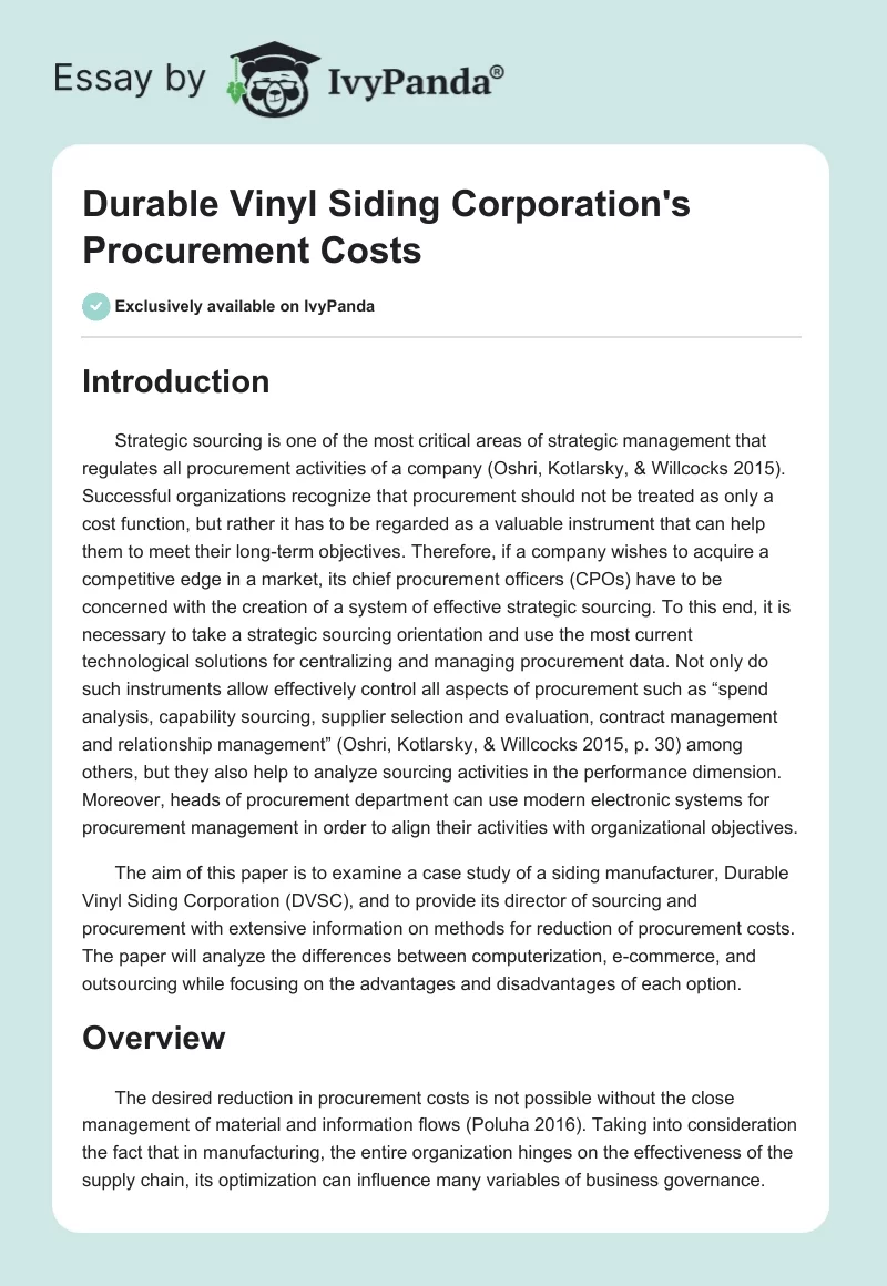 Durable Vinyl Siding Corporation's Procurement Costs. Page 1