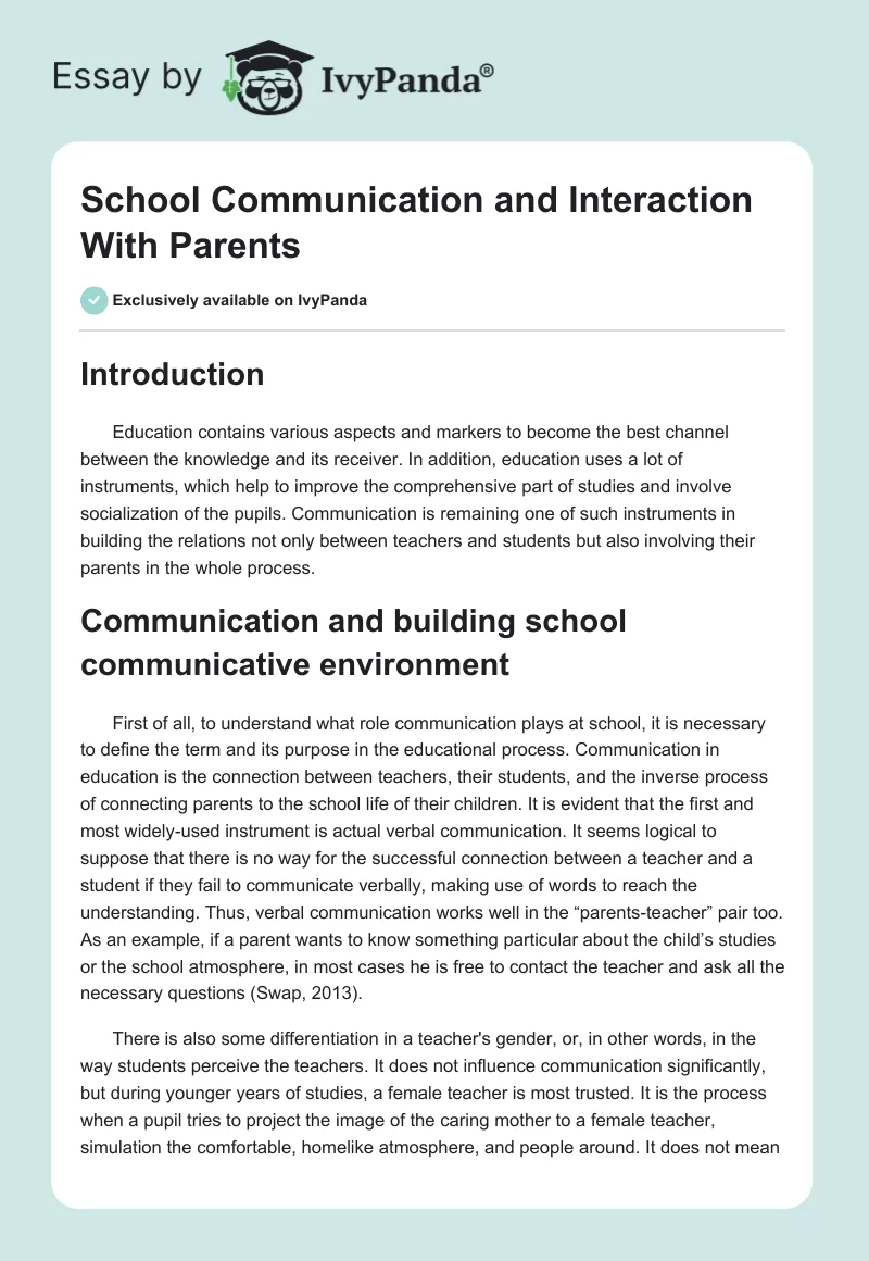 School Communication and Interaction With Parents. Page 1