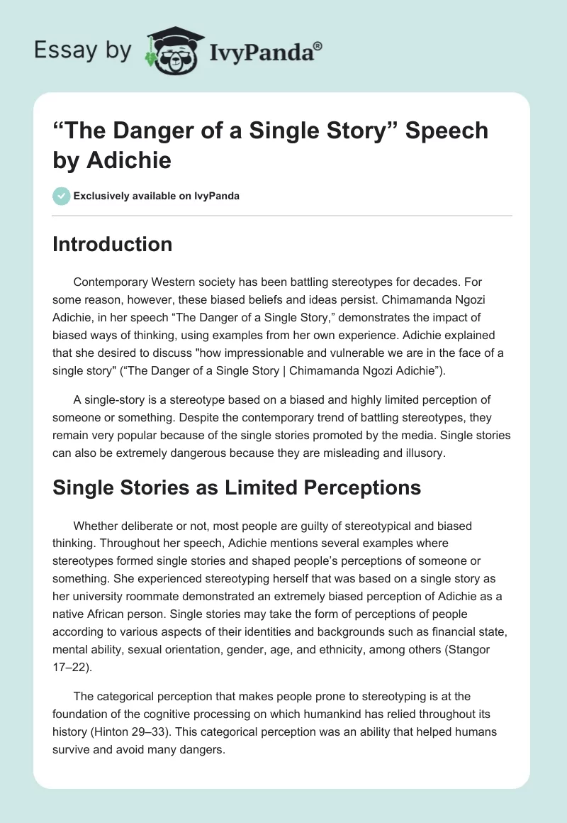 “The Danger of a Single Story” Speech by Adichie. Page 1