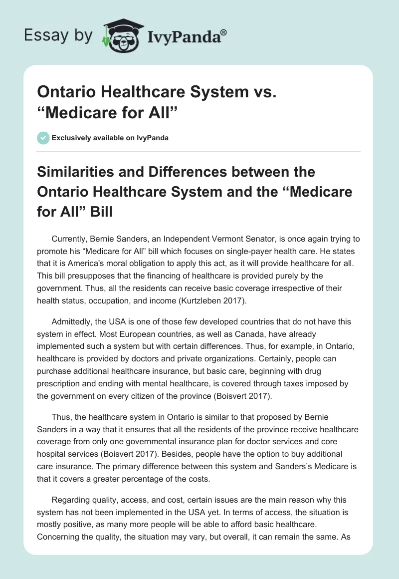 Ontario Healthcare System vs. “Medicare for All”. Page 1