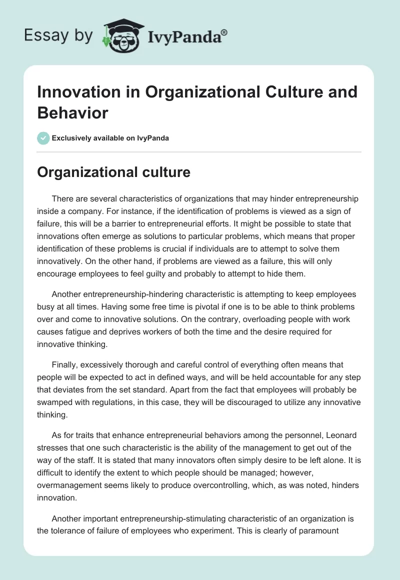 Innovation in Organizational Culture and Behavior. Page 1