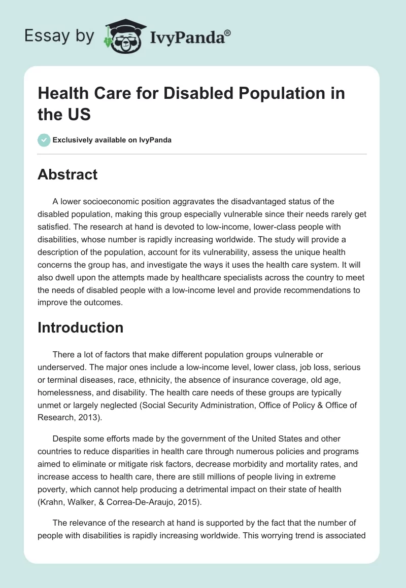 Health Care for Disabled Population in the US. Page 1