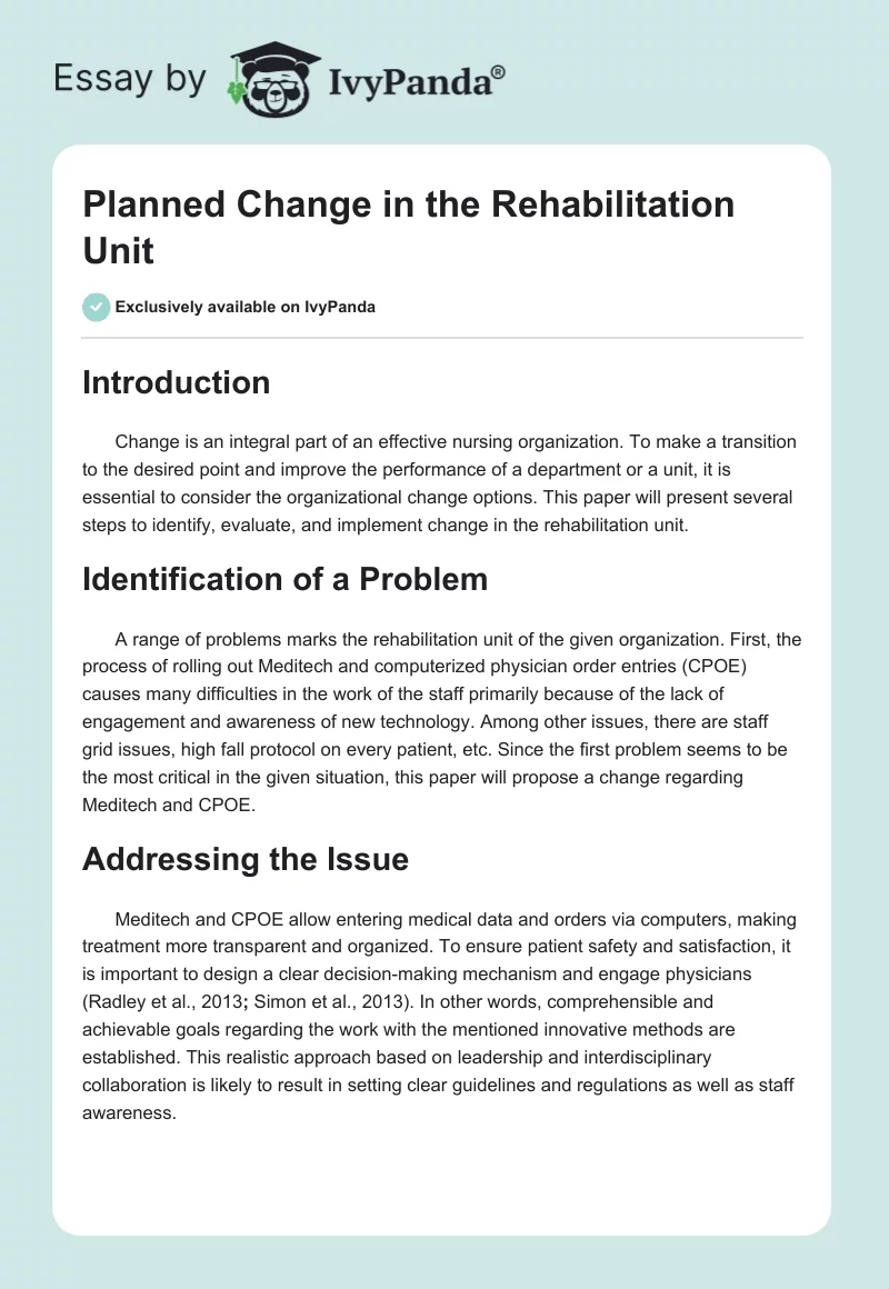 Planned Change in the Rehabilitation Unit. Page 1
