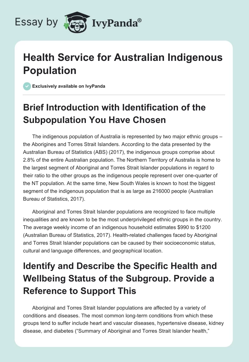 Health Service for Australian Indigenous Population. Page 1