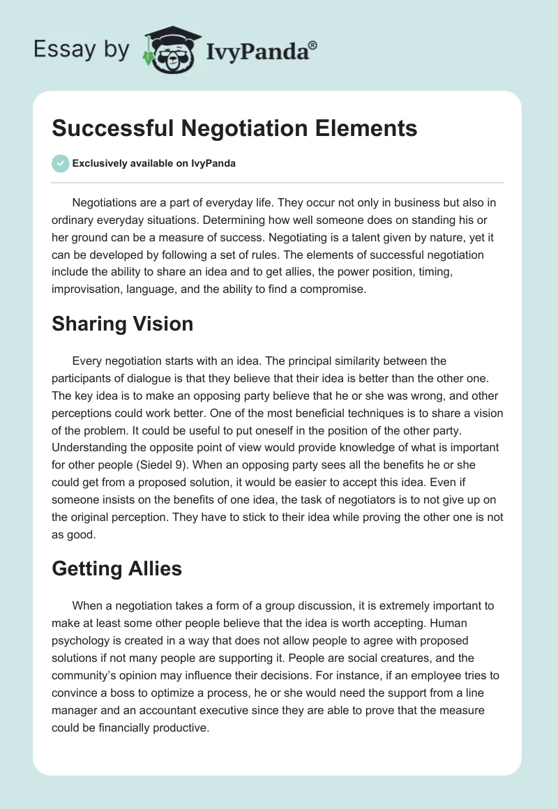 Successful Negotiation Elements. Page 1