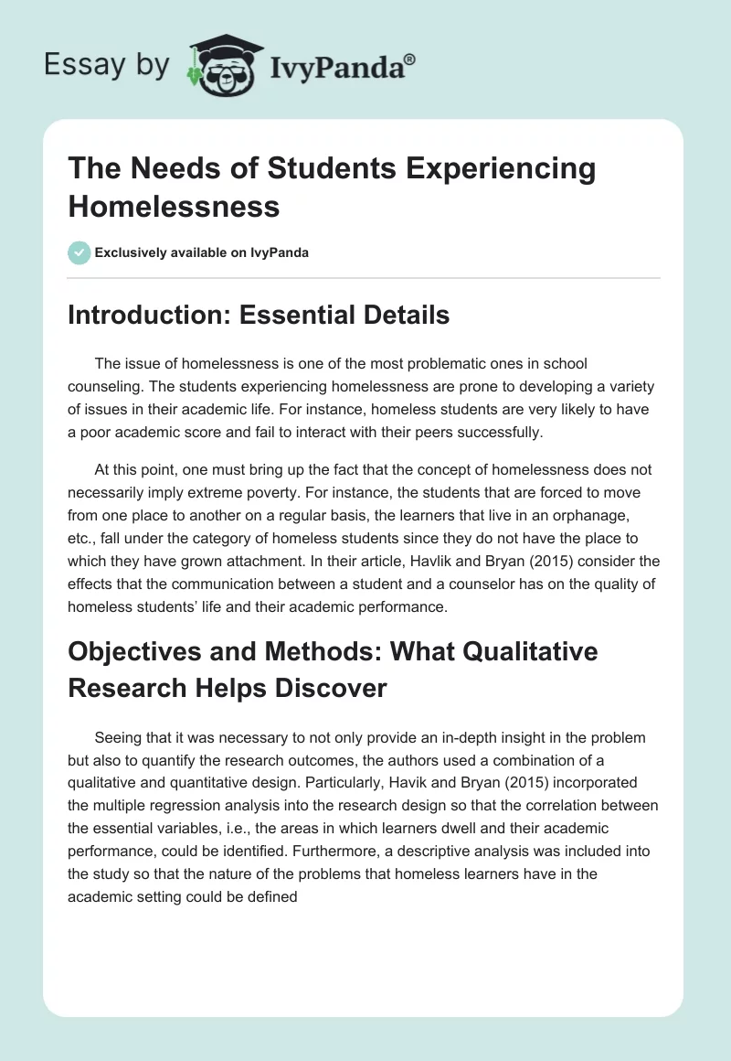 The Needs of Students Experiencing Homelessness. Page 1