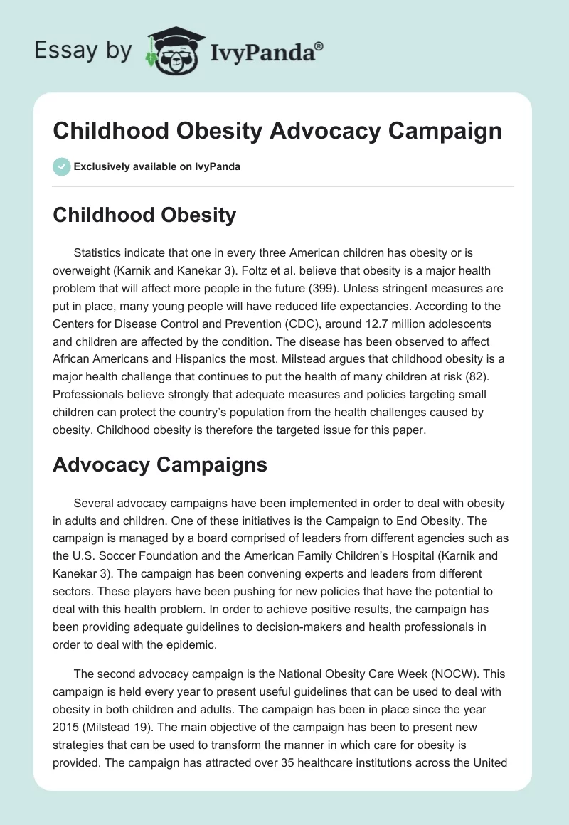 Childhood Obesity Advocacy Campaign. Page 1