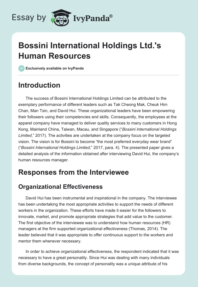 Bossini International Holdings Ltd.'s Human Resources. Page 1