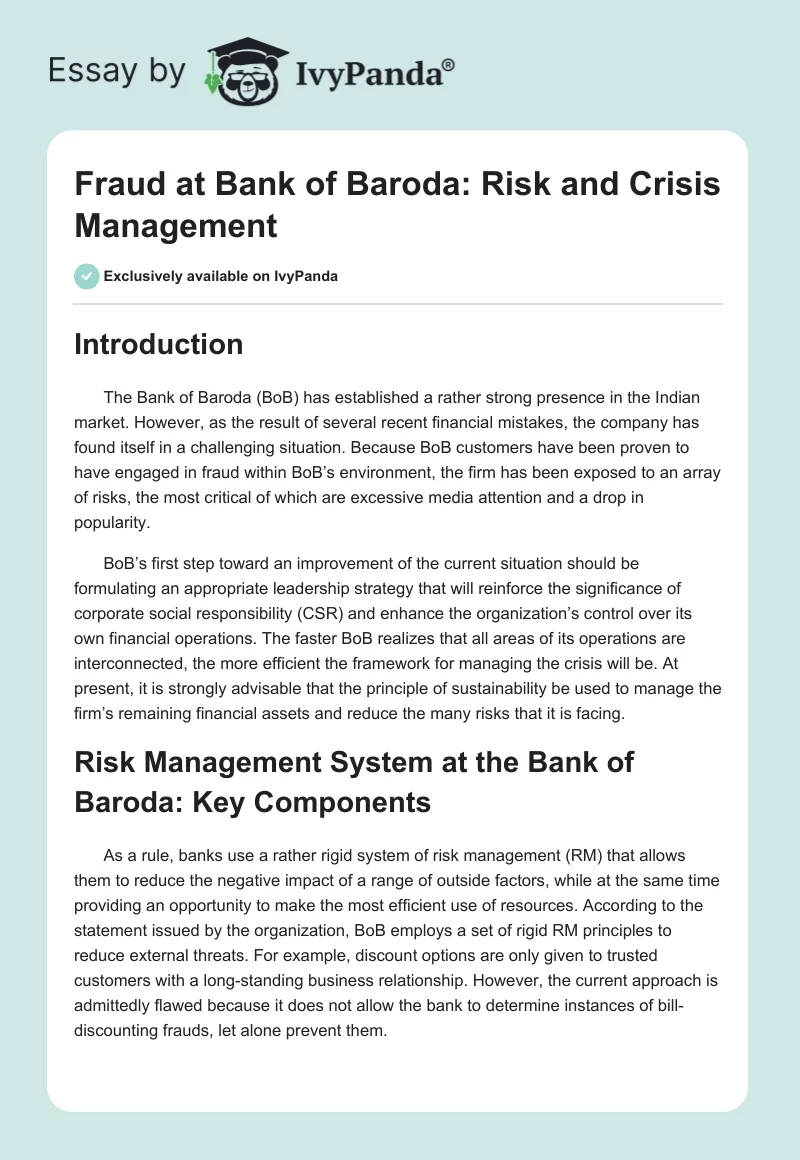 Fraud at Bank of Baroda: Risk and Crisis Management. Page 1