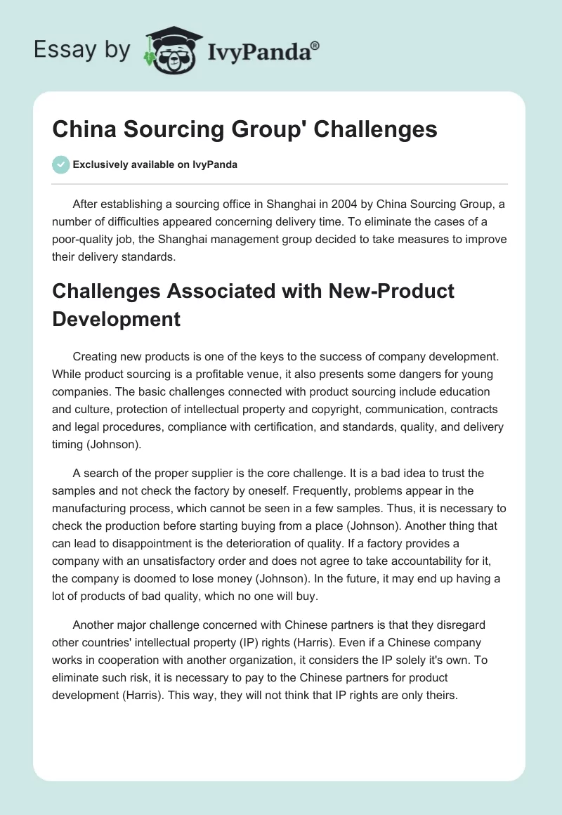 China Sourcing Group' Challenges. Page 1