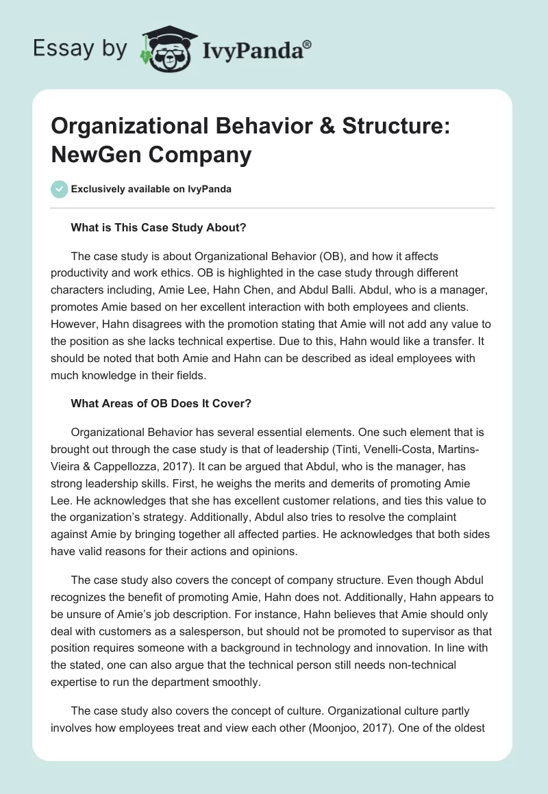 Organizational Behavior & Structure: NewGen Company. Page 1
