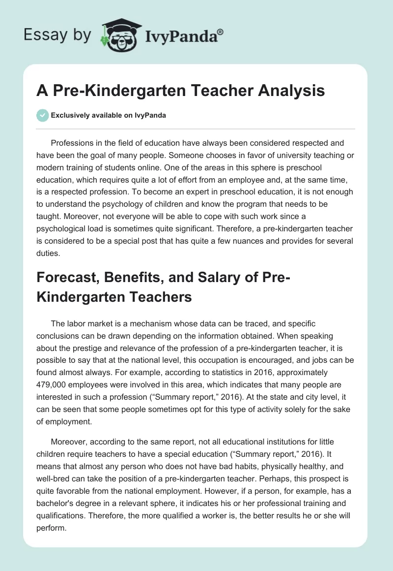 A Pre-Kindergarten Teacher Analysis. Page 1